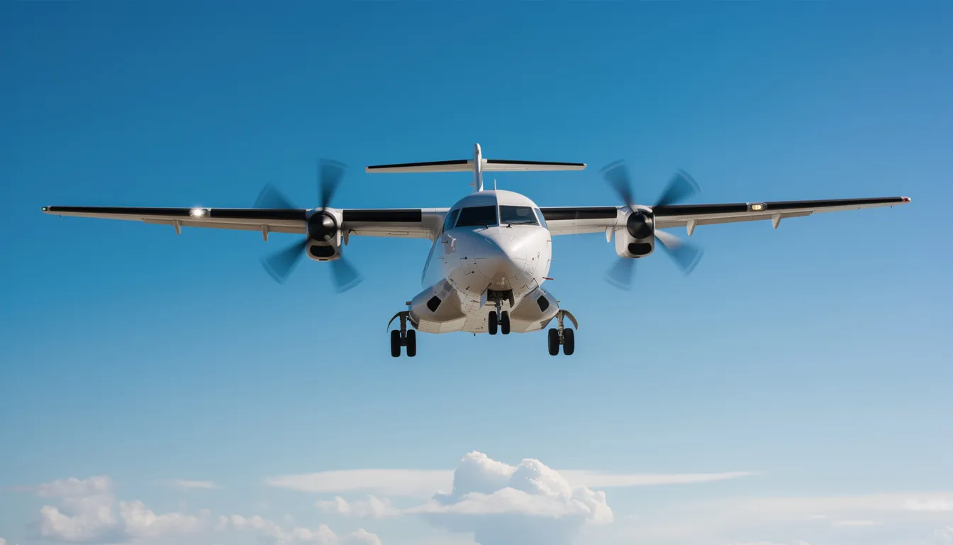 A turboprop aircraft soars through the sky, showcasing its powerful propeller engine and sleek design, ideal for charter flights to smaller airports. This versatile aircraft offers a comfortable journey for passengers, making it suitable for both business meetings and private trips.