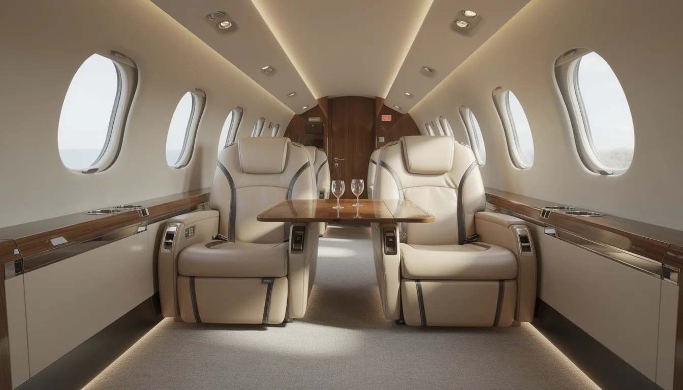 The image showcases the luxurious interior of a turboprop aircraft, highlighting its comfortable seating and stylish amenities designed for private flights. This cabin environment is ideal for business meetings, ensuring a pleasant journey to any desired destination.