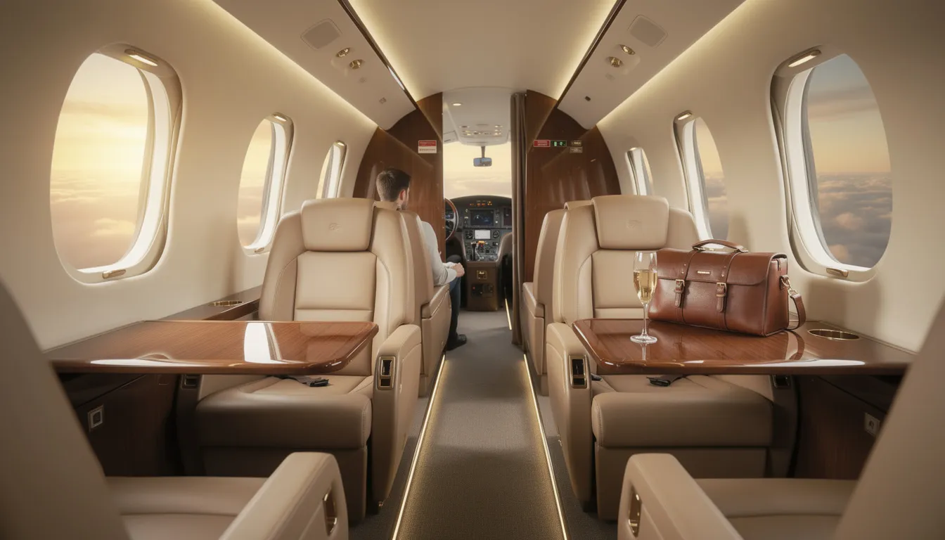 The image showcases the luxurious cabin experience of a private jet, featuring plush seating arranged in a double club layout, ample room for seven passengers, and modern amenities such as power outlets and a full lavatory. This private aircraft, like the Bombardier Learjet models, offers an ideal environment for leisure travel, ensuring passengers arrive relaxed at their destination.