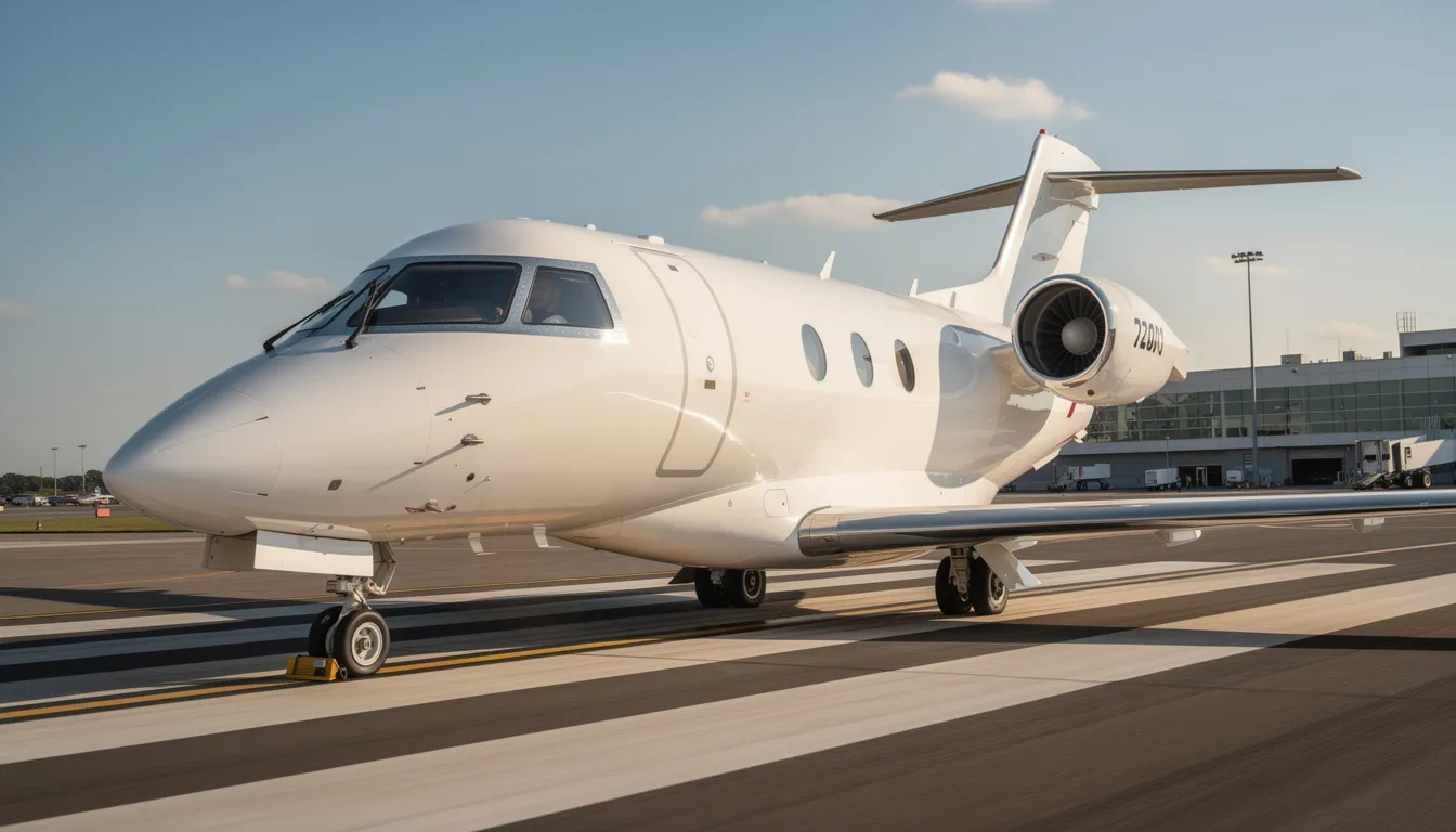 The image showcases a sleek Bombardier Learjet 45, a premium private jet ideal for charter flights, featuring a spacious cabin designed to accommodate up to seven passengers comfortably. With its advanced avionics system and authority digital engine control, this light jet is well-suited for transcontinental flights, allowing travelers to arrive relaxed at their destination.