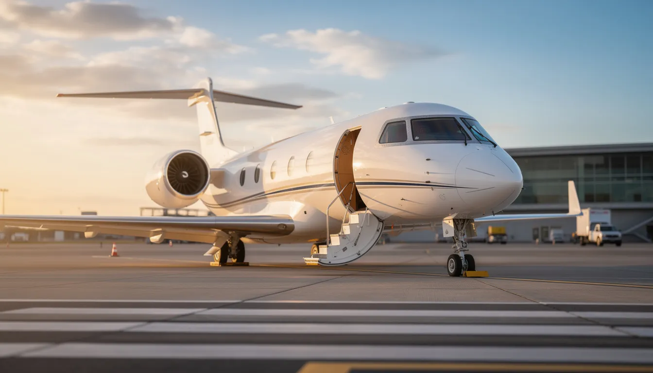 The image features a sleek private jet parked at a luxurious facility in Dallas, showcasing the high-end amenities and services tailored for executive travel. The scene reflects the convenience and elegance of private aviation, emphasizing the importance of safety and maintenance in aircraft management.