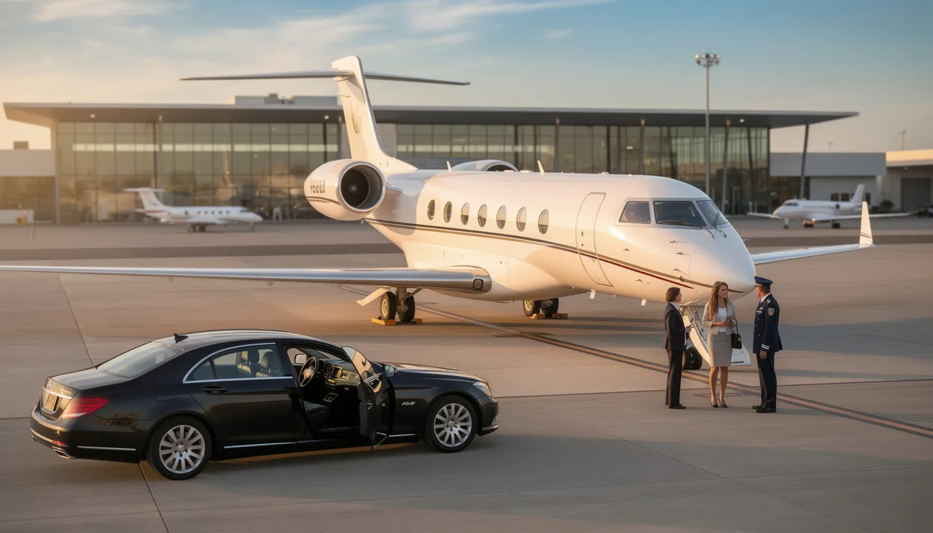 The image depicts a luxurious private jet parked at a small airport, symbolizing the exclusive travel often associated with high-profile events like the Australian Open. In the background, a glimpse of Melbourne's skyline hints at the nearby Margaret Court Arena, where tennis enthusiasts gather for the grand slam tournament.