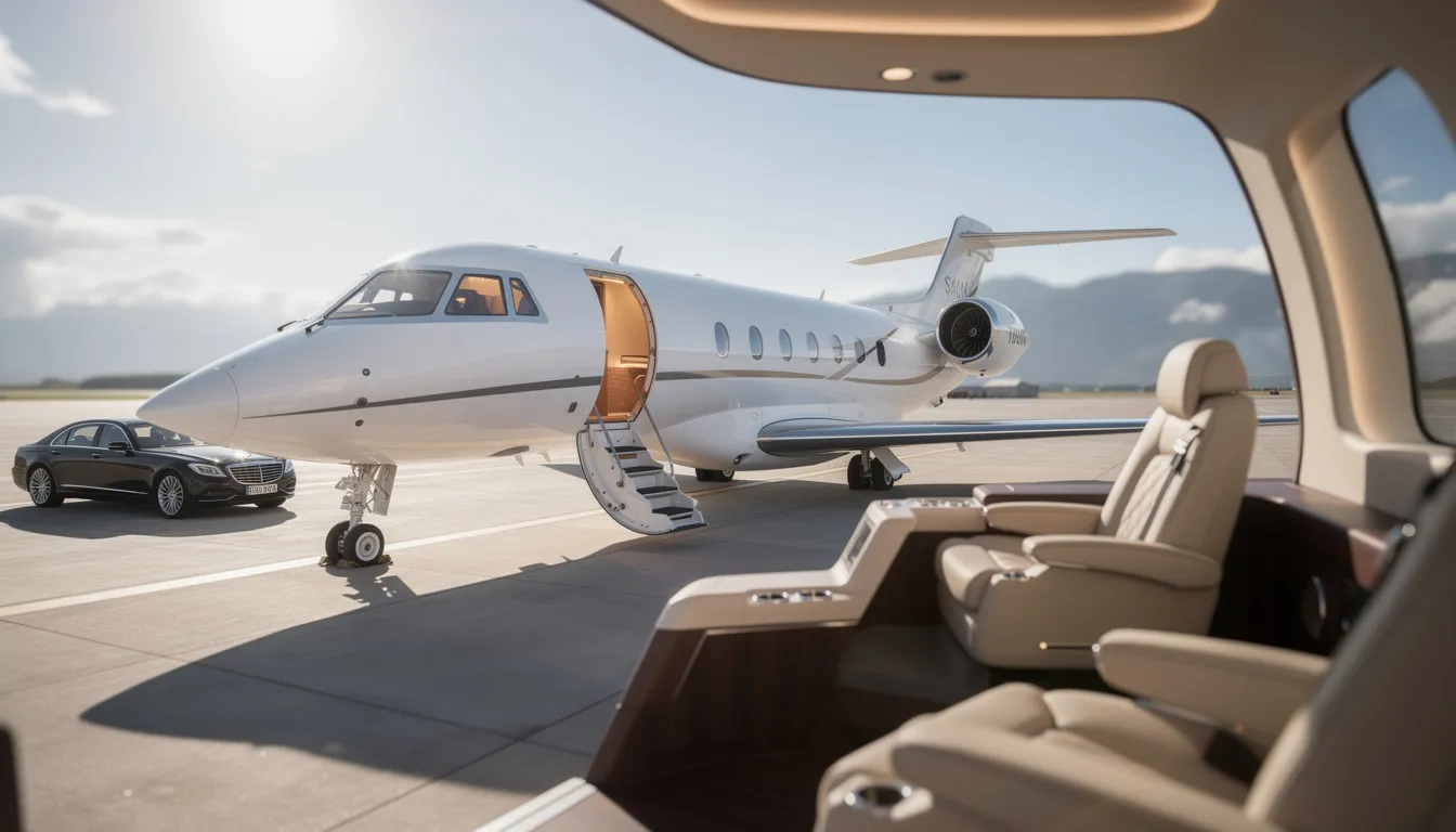 A sleek private jet aircraft is parked on the tarmac, showcasing its advanced design and jet engine. The aircraft is designed for high performance, offering a luxurious passenger experience with spacious cabins for frequent flyers.