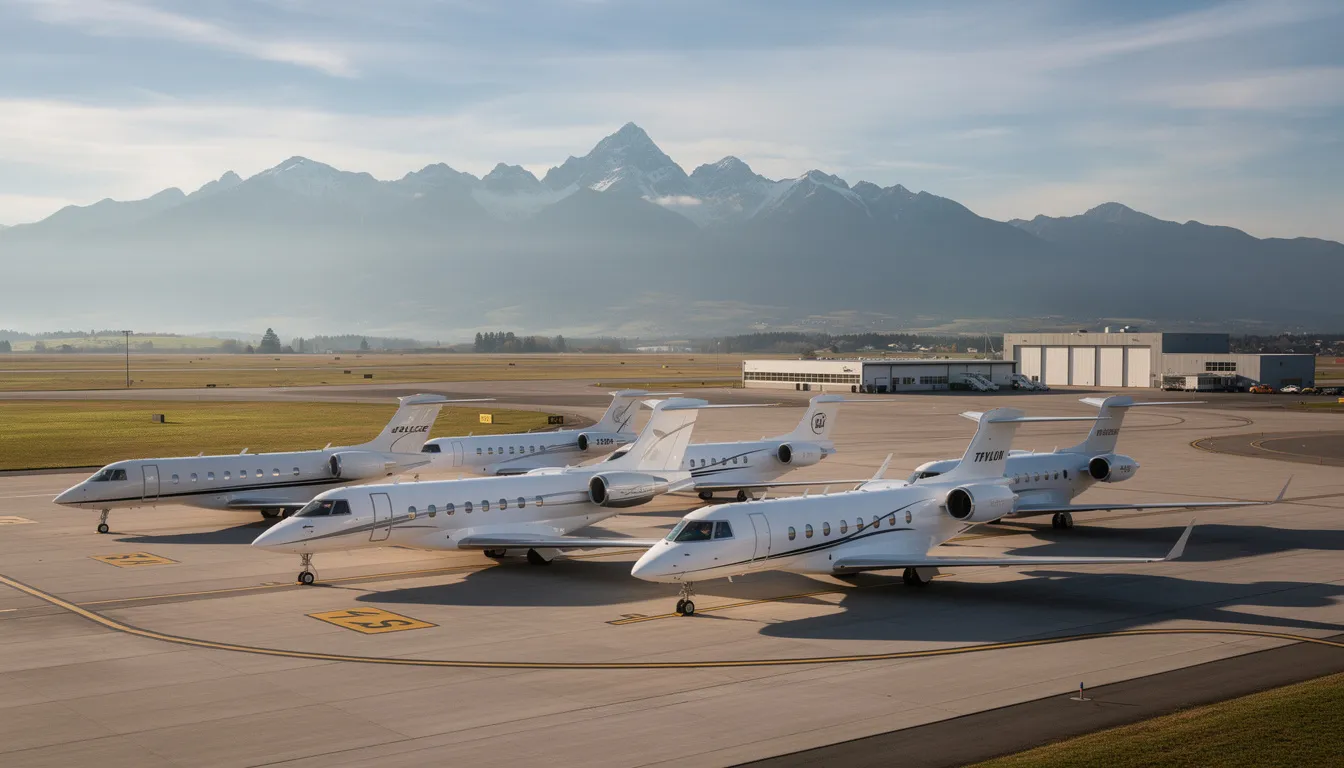 The image depicts several private jets parked on an airport tarmac with majestic mountains in the background, highlighting the prevalence of private flights in the aviation industry. These privately owned planes contribute to private jet emissions, raising concerns about their impact on climate change and global carbon emissions.