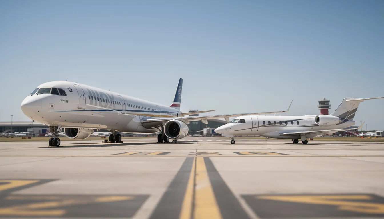 The image shows a commercial airliner parked next to a small private jet on a runway, highlighting the size difference between the two aircraft. This visual comparison underscores the impact of private jet emissions on global carbon emissions, as private aviation contributes significantly to climate change.