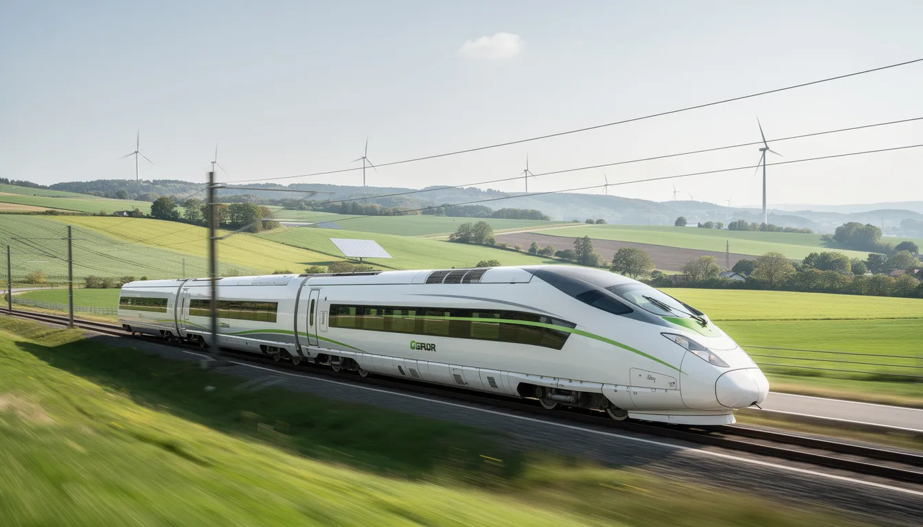A sleek, modern high-speed train glides through a lush countryside, symbolizing a sustainable travel alternative with a smaller carbon footprint compared to private jet flights. The image highlights the benefits of reducing emissions in the aviation industry and promoting cleaner transportation options.