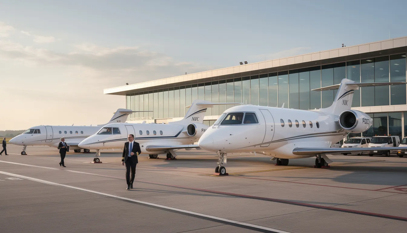 The image depicts a lineup of various sizes of business jets parked at an executive aviation terminal, showcasing the diversity of privately owned planes. This scene highlights the prevalence of private flights and their impact on private jet emissions, contributing to global carbon emissions and the climate crisis.