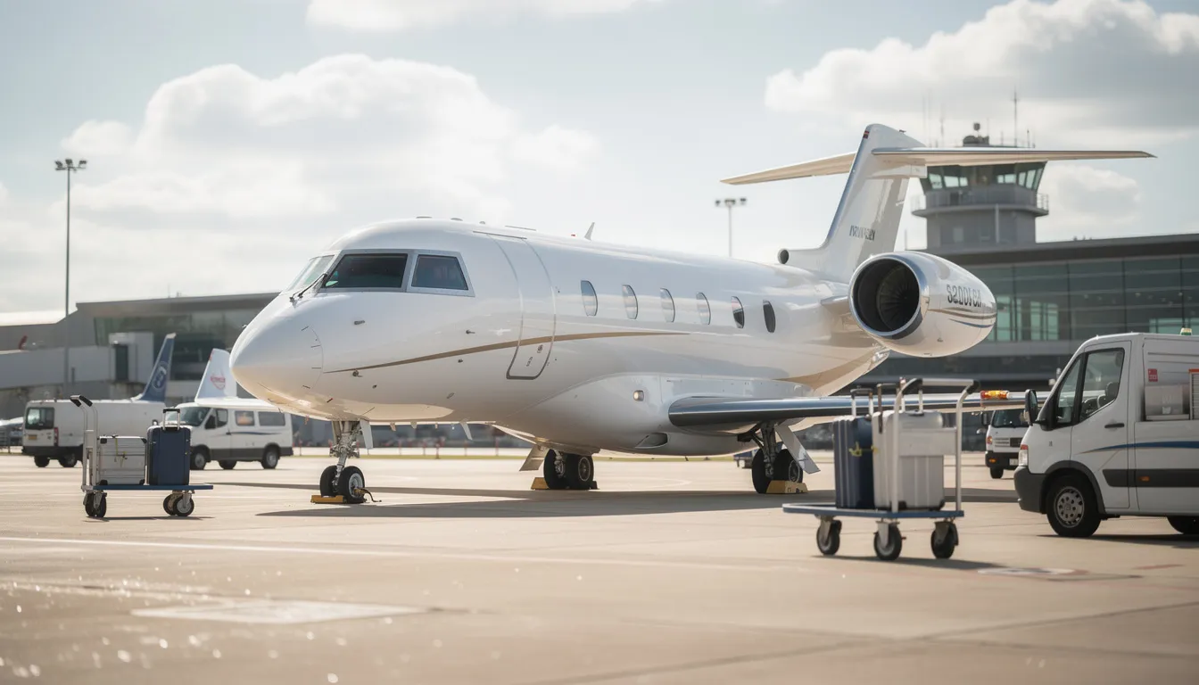 A modern private business jet is parked on the airport tarmac, surrounded by ground service vehicles that assist with its operations. This image reflects the luxury and convenience of private aviation, showcasing the aircraft's sleek design and the dedicated services that support it.