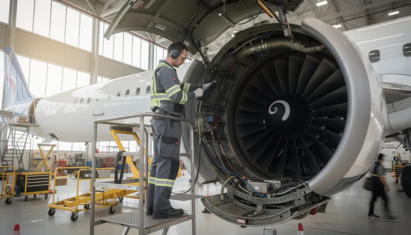 An aircraft maintenance technician is diligently working on a jet engine inside a large hangar, showcasing the expertise and commitment required in the aircraft maintenance industry. The spacious facility emphasizes the importance of safety and efficiency in jet aviation flight services.