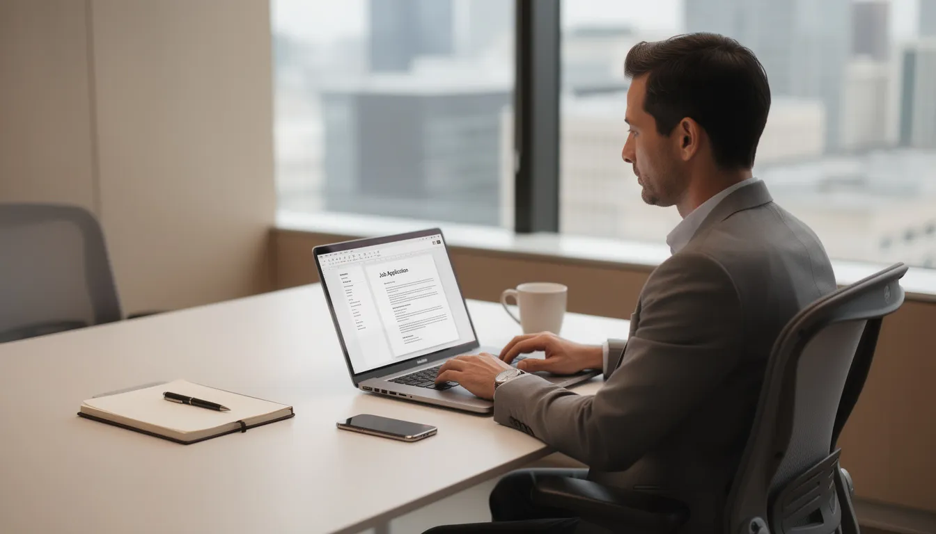 A professional individual is focused on their laptop, preparing a job application for a position within a global private aviation leader like NetJets. The scene conveys a sense of dedication and ambition, reflecting the commitment to growth opportunities and exceptional benefits that come with a career in private aviation.