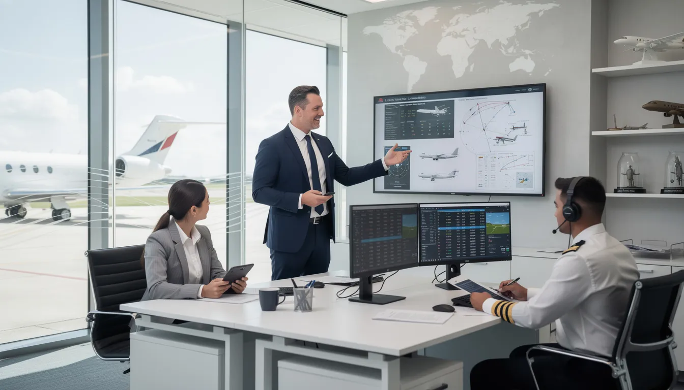 A professional team of diverse members collaborates in a modern corporate aviation office environment, showcasing the dynamic atmosphere of a global private aviation leader. The scene highlights various roles, including flight attendants and international trip review specialists, emphasizing their commitment to exceptional benefits and personalized service for netjets owners.