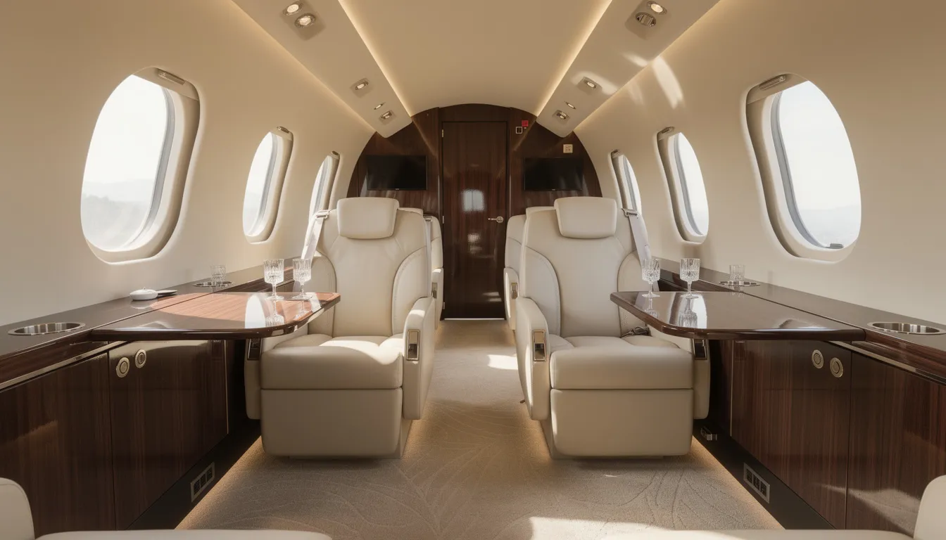The image showcases a luxurious private jet interior featuring cream leather seats and elegant wood grain finishes, designed for discerning travelers seeking comfort and style in private aviation. This opulent setting reflects the excellence of private jet operators, offering personalized service and guaranteed access to a world of destinations.