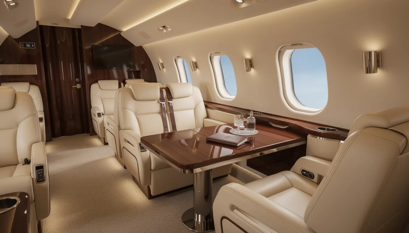 The image showcases a luxurious private jet interior, featuring plush cream leather seats and elegant wood accents, designed for discerning travelers seeking premium aircraft for their private flights. This modern aircraft offers a seamless travel experience with tailored solutions and personalized service, ensuring an efficient journey to popular destinations.