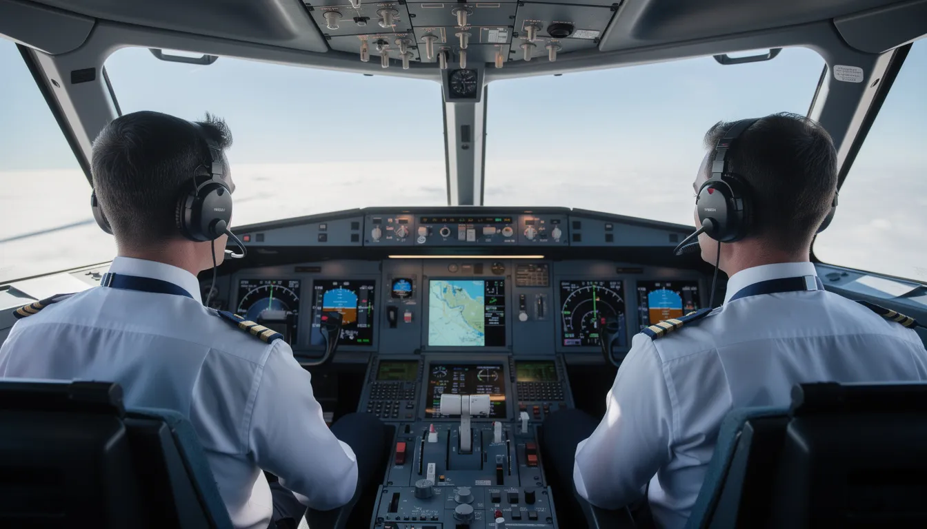 The image shows professional pilots in a modern aircraft cockpit, surrounded by advanced digital displays that provide crucial flight information. This setting reflects the operational excellence and safety standards of private flights, ensuring an efficient journey for discerning travelers.