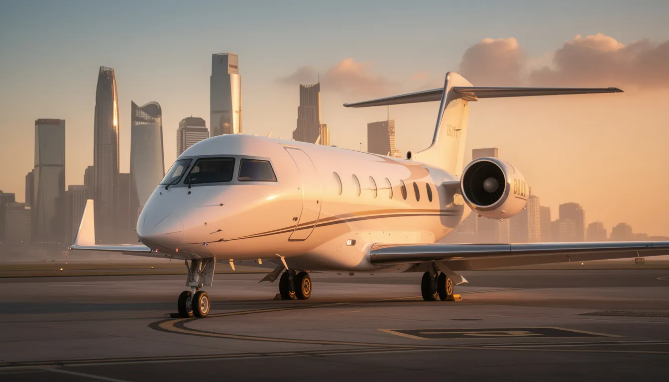A modern private jet is parked on a tarmac, with a vibrant city skyline visible in the background during the golden hour. This scene reflects the elegance of private aviation, highlighting the convenience and luxury of private jet travel for aircraft owners and business aviation needs.