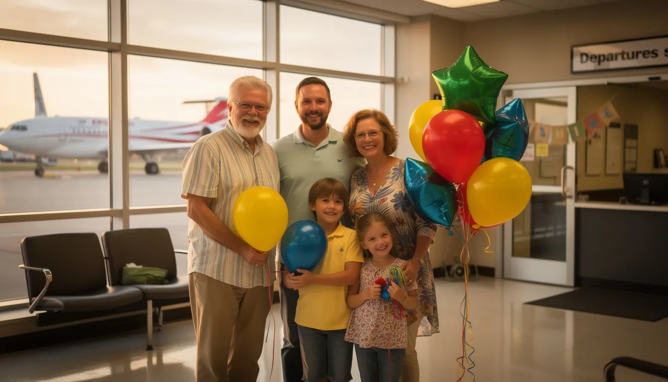 A joyful family is gathered at a small airport, surrounded by colorful balloons and a festive atmosphere, celebrating a special moment together. This scene reflects the warmth and excitement of private jet travel, showcasing the personal connections that jet linx aviation fosters in the world of business aviation.