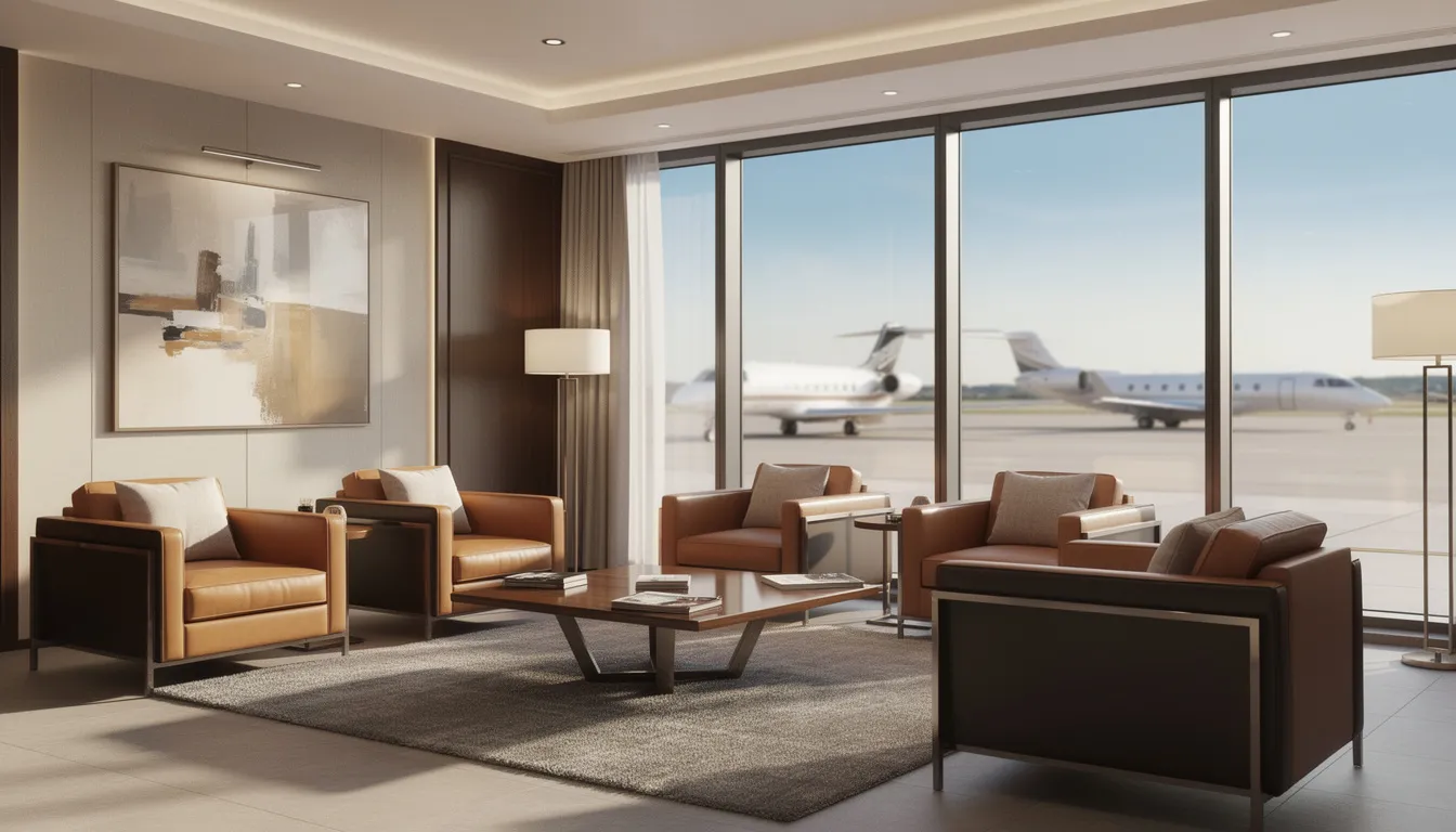 The image depicts an elegant private aviation lounge featuring plush leather seating and expansive panoramic windows that provide a view of the runway, catering to the needs of aircraft owners and passengers in the realm of private jet travel. This luxurious space reflects the commitment of companies like Jet Linx Aviation to enhance the experience of customers in business aviation.