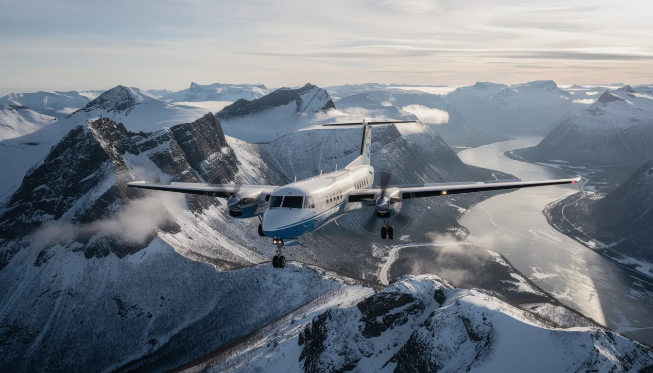 A small turboprop aircraft from Nextjet Airlines is flying over the stunning snowy peaks of the Scandinavian mountains, showcasing the airline's operations on domestic flights across Sweden and neighboring countries. The scene captures the essence of regional travel, connecting cities like Stockholm with breathtaking natural landscapes.