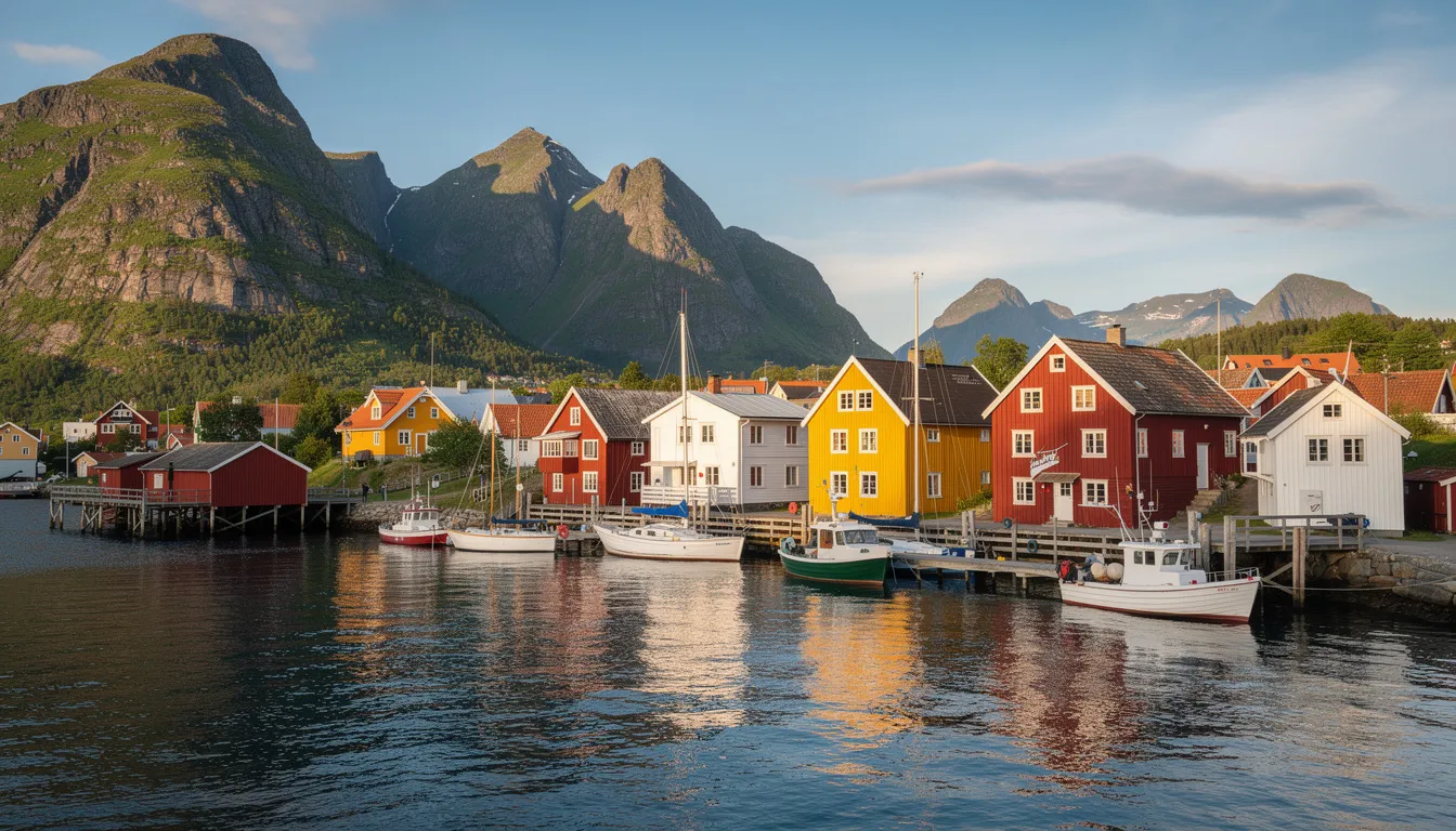 The image depicts a picturesque Swedish coastal town nestled by the sea, with majestic mountains rising in the background. The serene landscape showcases charming buildings and boats, embodying the beauty of Sweden's domestic destinations accessible through nextjet flights.