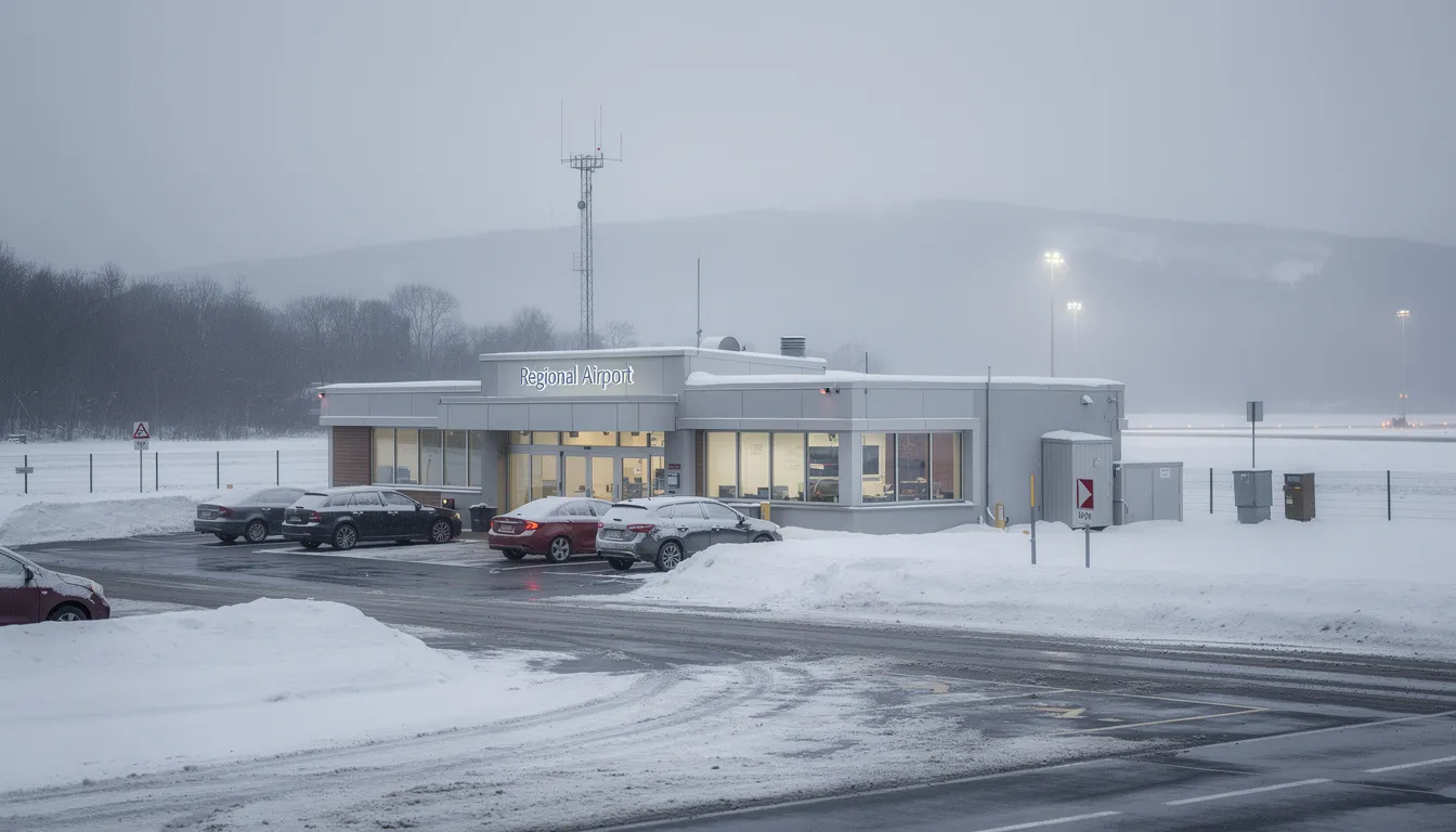 The image shows a small regional airport terminal building surrounded by a snowy winter landscape, indicative of domestic flights operated by Nextjet, Sweden's largest regional airline. Snow covers the ground and the building, suggesting a quiet atmosphere typical of winter travel in northern Sweden.