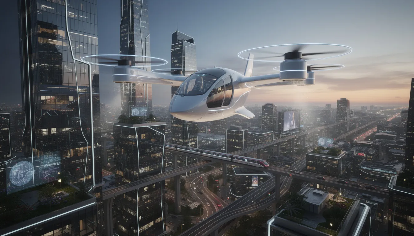 A futuristic electric vertical takeoff aircraft hovers above a modern cityscape, showcasing advanced design and technology that reflects the growing demand in the business jet market. This innovative aircraft symbolizes the shift towards sustainable aviation and the rise of private jets in urban environments.