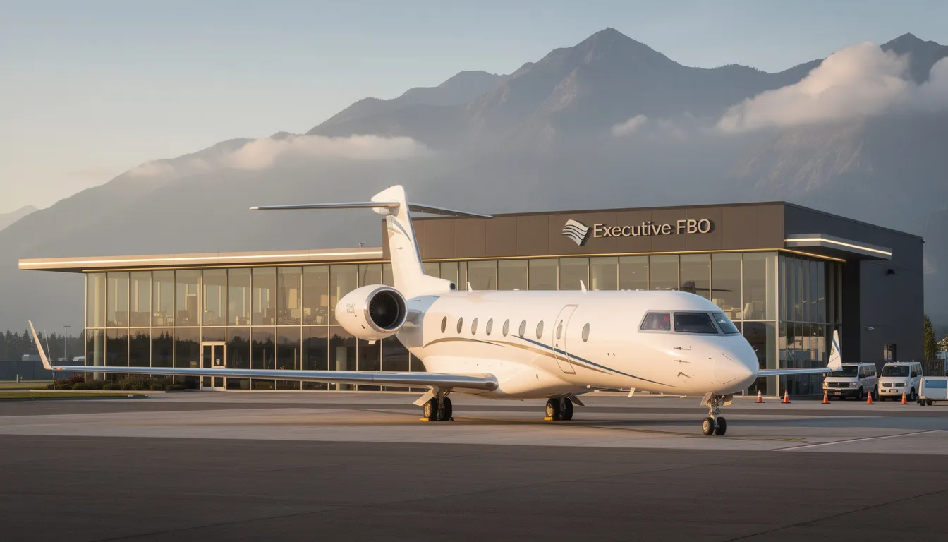 A sleek private jet is parked at a modern fixed-base operator facility, with majestic mountains in the background, showcasing the luxury and convenience of private aviation in the growing business jet market. The scene highlights the rising demand for business jets among high net worth individuals and the advancements in aircraft technology.