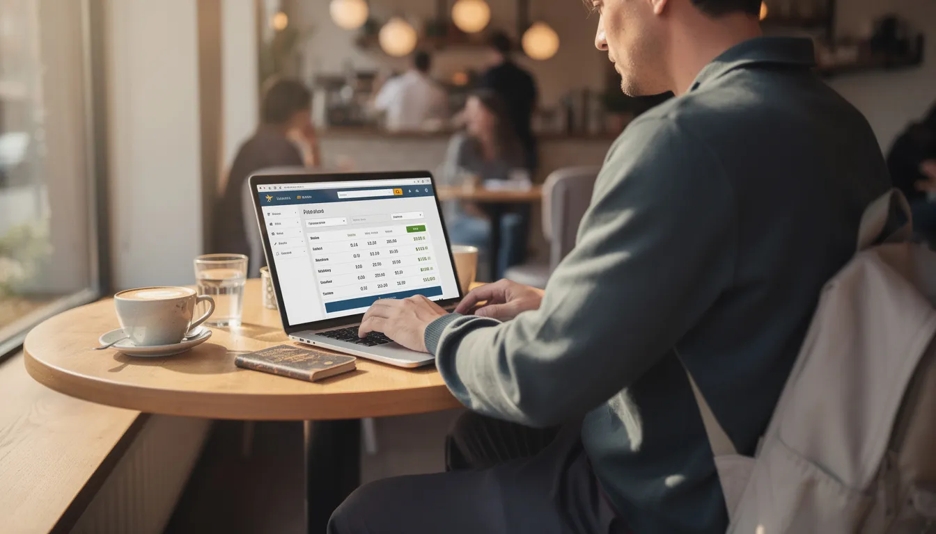 A traveler is sitting at a cafe, browsing flight options on a laptop, looking for cheap flights and airline tickets for their next adventure. The screen displays various flight options, while the cafe ambiance adds a cozy atmosphere to their wait.