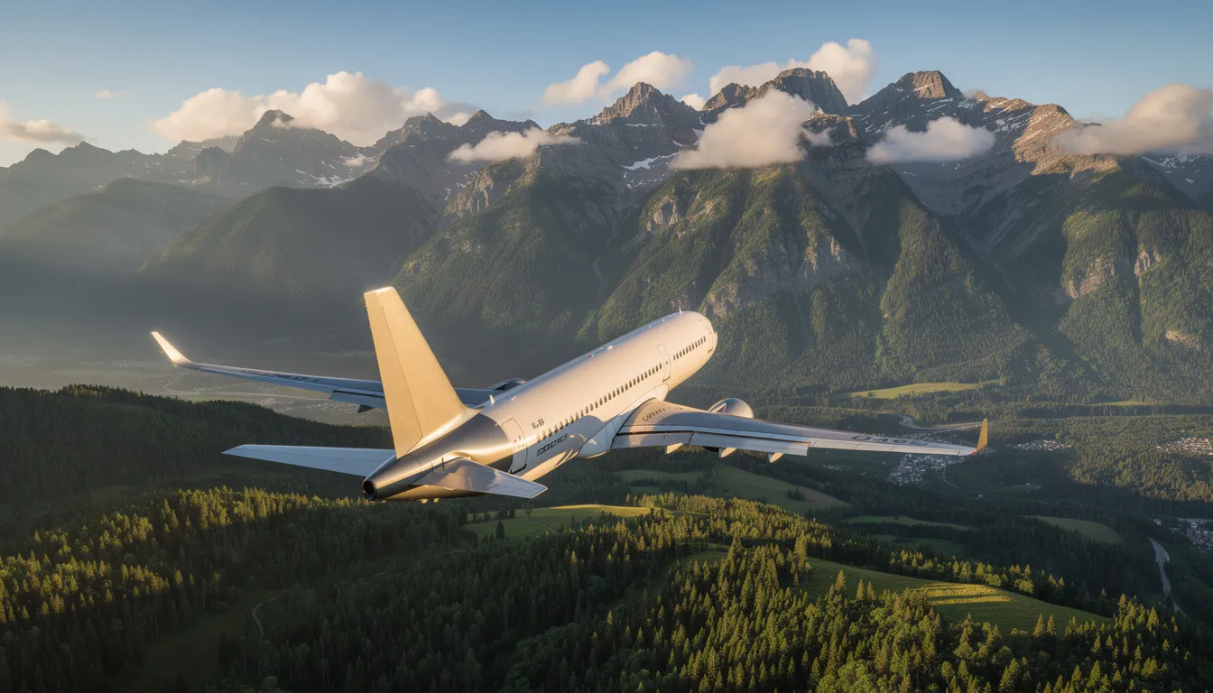 An airplane soars above lush green forests and majestic mountains, symbolizing the excitement of upcoming adventures and the journey of securing airline tickets for your next flight. The vibrant landscape below contrasts beautifully with the aircraft, evoking a sense of freedom and exploration.