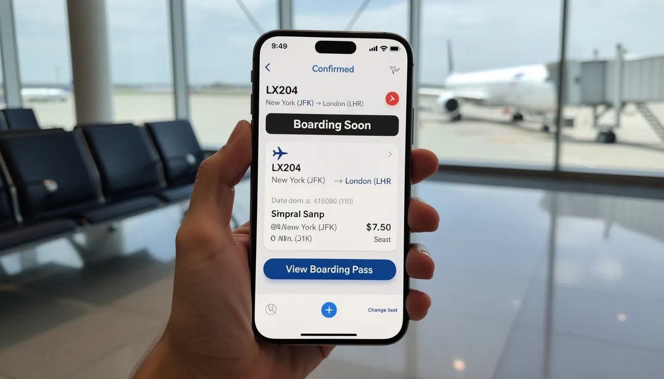 A smartphone is shown displaying a flight booking app at an airport gate, indicating a successful security verification for purchasing airline tickets. The app highlights options for cheap flights and hotel bookings, as travelers wait for their next adventure.