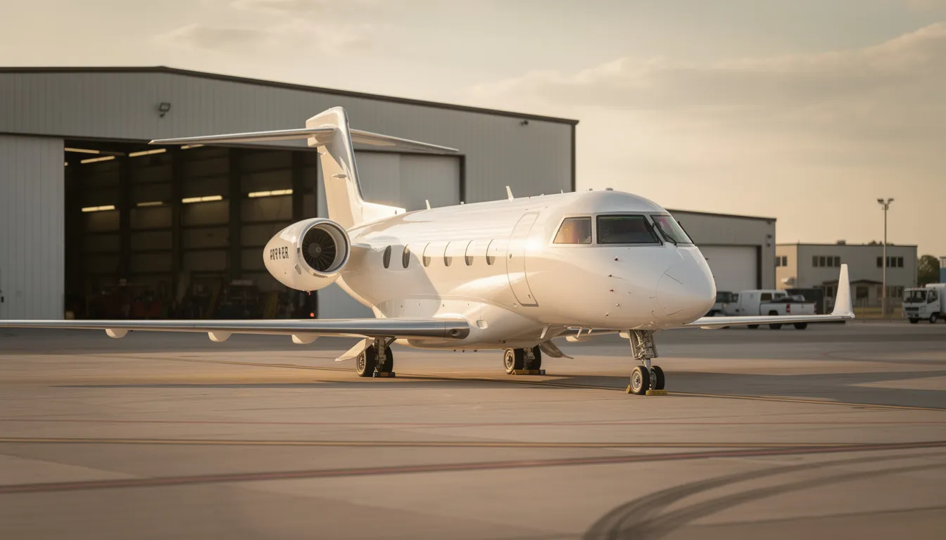 A private jet is parked on the tarmac at a regional airport, with a maintenance hangar visible in the background, symbolizing the reliability and convenience of exclusive jets LLC. The scene reflects the high safety standards and top-rated safety accreditations associated with private aviation experiences.