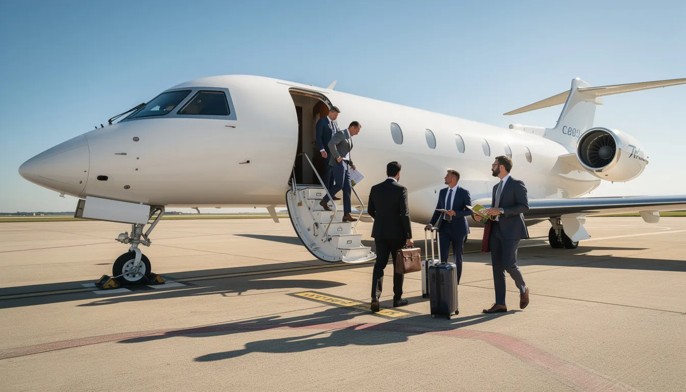 A group of business travelers in tailored suits is boarding an exclusive jet on a sunny day, showcasing the convenience and luxury of private aviation. The scene reflects the reliability and safety of top-rated aviation companies as they prepare for their private jet experience.