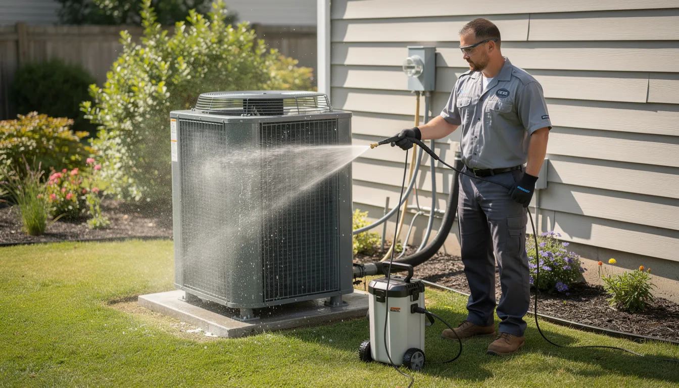 An HVAC technician is using a portable spray machine equipped with a high-quality valve and built-in soap control to clean an outdoor air conditioning condenser unit in a customer's yard. The technician applies slight pressure while utilizing dual tanks for soap and water, ensuring efficient cleaning of the coils.