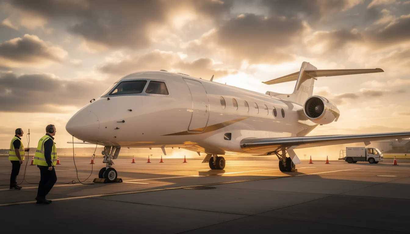 A sleek private jet is parked on the tarmac during the golden hour, casting a warm glow on the scene, while ground crew members are seen nearby preparing for its next corporate gig. This image captures a moment at a career crossroads, highlighting the legacy of luxury travel associated with companies like NetJets.