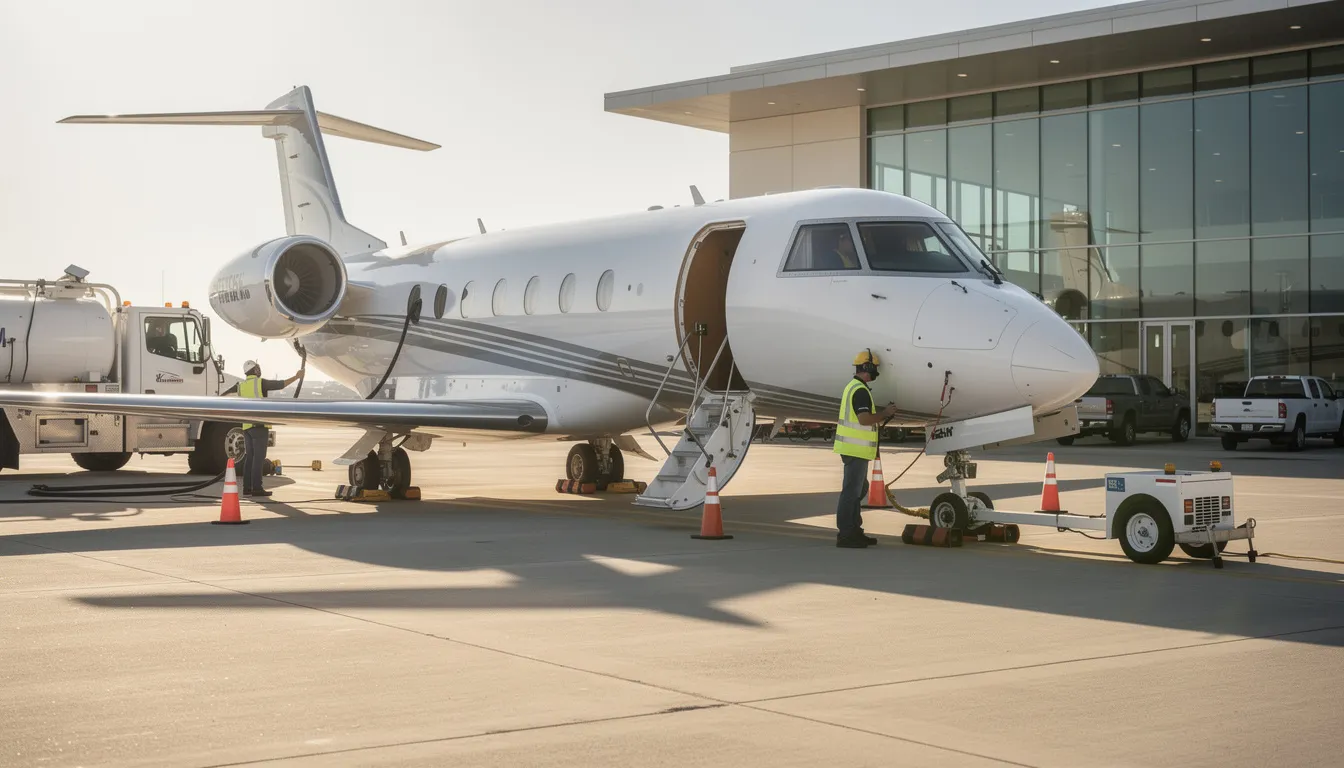 A team of ground crew members is seen diligently servicing a business jet at a Fixed Base Operator (FBO), showcasing the behind-the-scenes work that supports top corporate gigs like those offered by NetJets. The image highlights the teamwork and professionalism essential at this career crossroads in the aviation industry.
