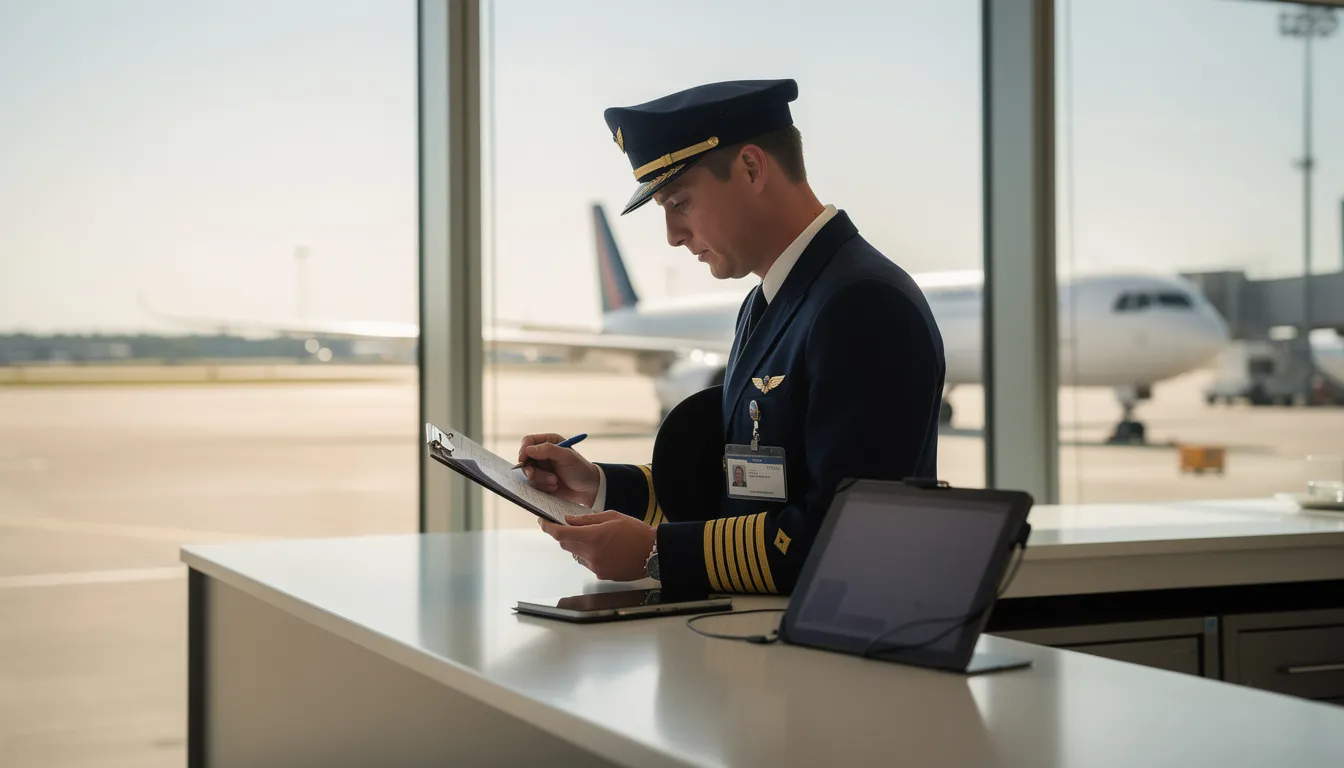 A pilot in uniform is intently reviewing flight documentation, preparing for a corporate gig with NetJets. The image captures the seriousness of the moment as the pilot stands at a career crossroads, ensuring everything is in order before takeoff.