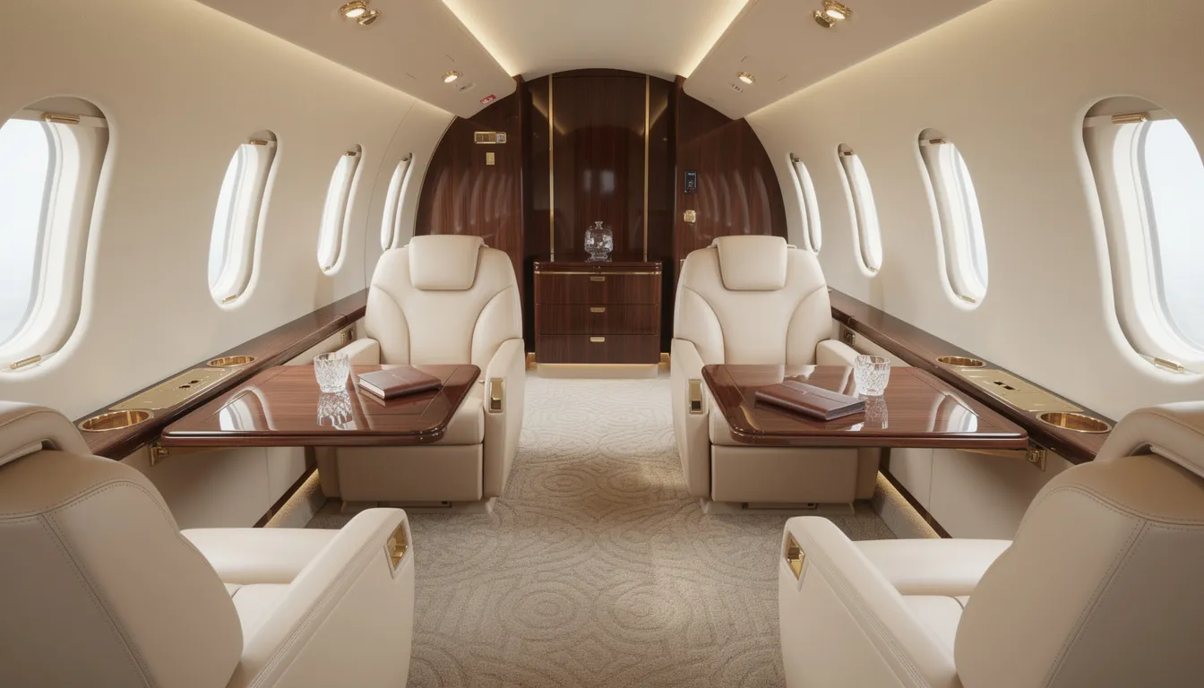 The image depicts the luxurious interior of a private jet, featuring plush leather seats and elegant wood trim, showcasing the high standards of executive jet aviation. This sophisticated design reflects the premium offerings of companies like NetJets Aviation, emphasizing comfort and style in air travel.