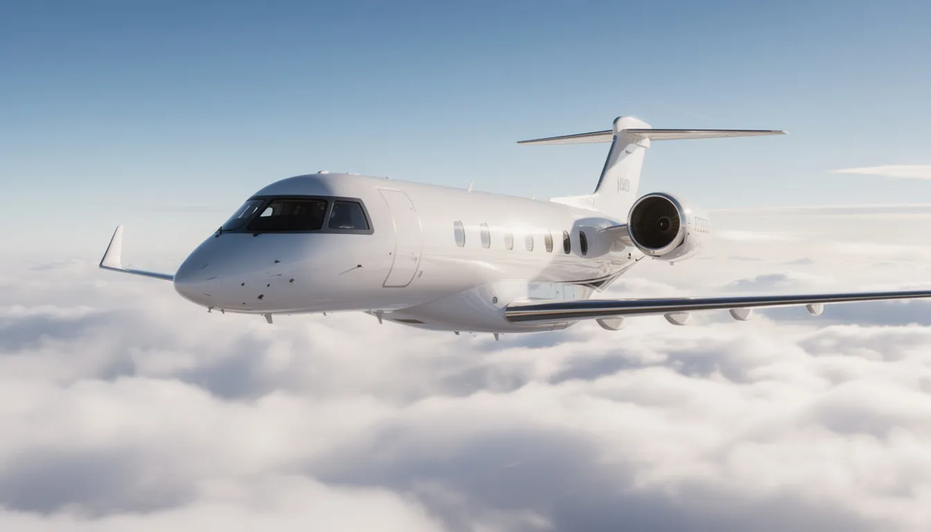 A modern sleek business jet is soaring above a blanket of fluffy white clouds, showcasing the elegance of executive jet aviation. This aircraft represents the high standards of NetJets aviation, offering luxurious access to the skies for business and leisure travelers alike.