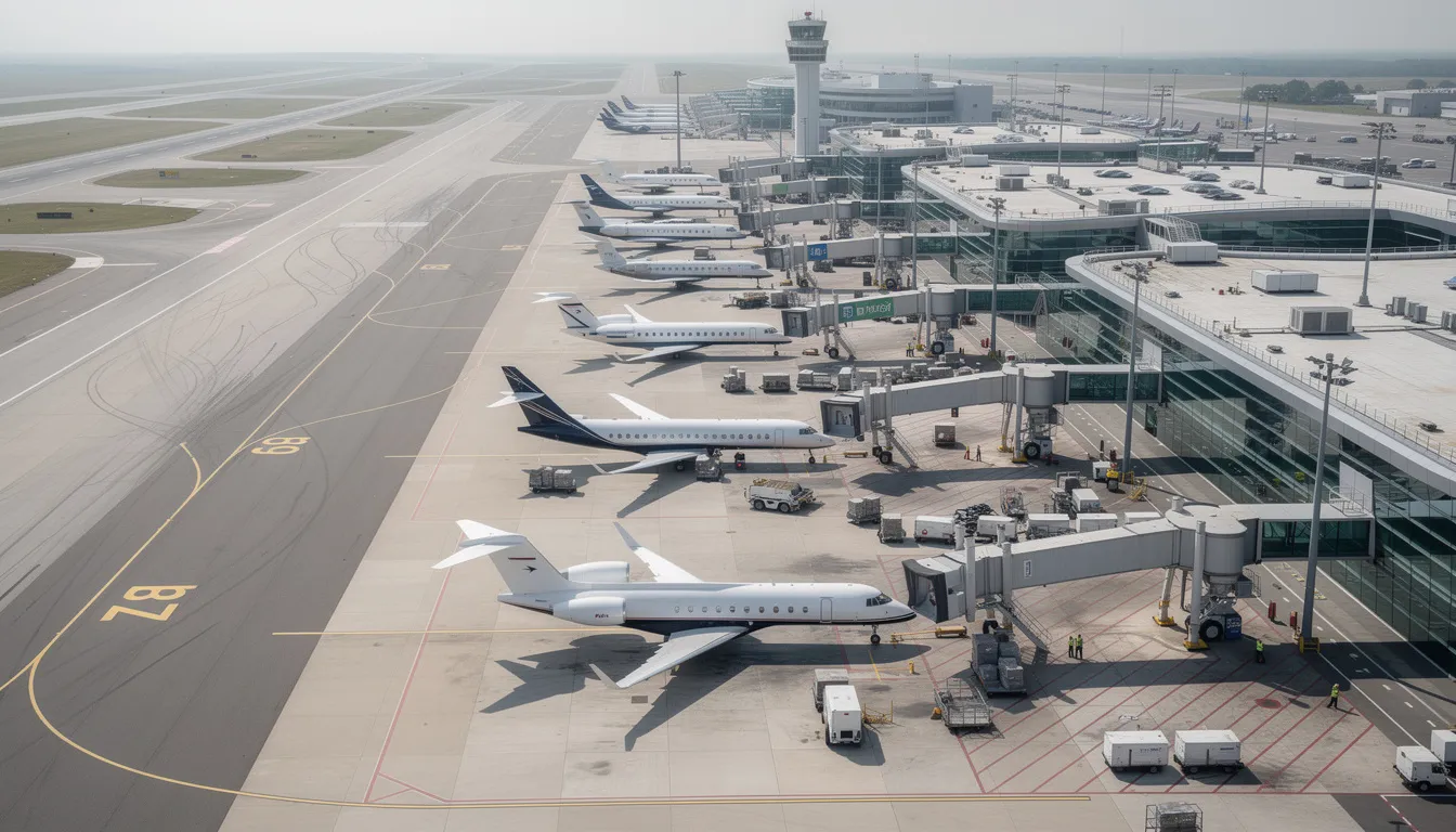 An aerial view of a bustling airport showcases a fleet of private jets parked at various terminals, highlighting the operations of executive jet aviation companies like NetJets. The image captures the organized chaos of aircraft preparing for takeoff and landing, emphasizing the importance of safety and access in the world of aviation.