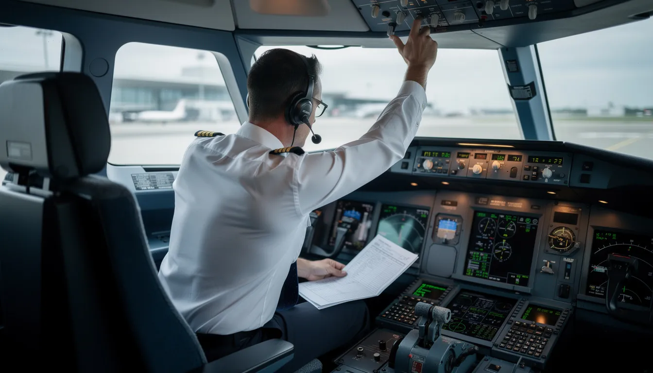 A professional pilot is conducting pre-flight checks inside an aircraft cockpit, ensuring all systems are operational for a safe journey in private aviation. The cockpit is equipped with advanced instruments and controls, highlighting the meticulous attention to safety and service in private jet travel.