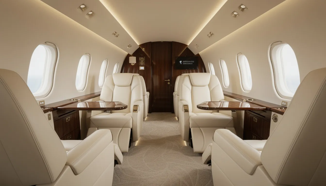 The image showcases the interior of a luxury private jet cabin, featuring plush leather seats and elegant wood trim details that highlight the opulence of private aviation. This inviting space is designed for comfort and style, perfect for those seeking a premium travel experience in the world of private jet flights.