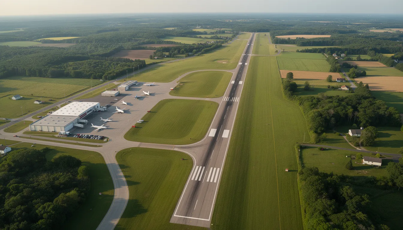 An aerial view captures a regional airport featuring multiple runways set against a backdrop of lush green landscape, highlighting the essential role of aviation charters in facilitating flight services in Ewing Township, NJ. The image showcases the infrastructure that supports aircraft operations and the dedicated employees who ensure smooth travel experiences.