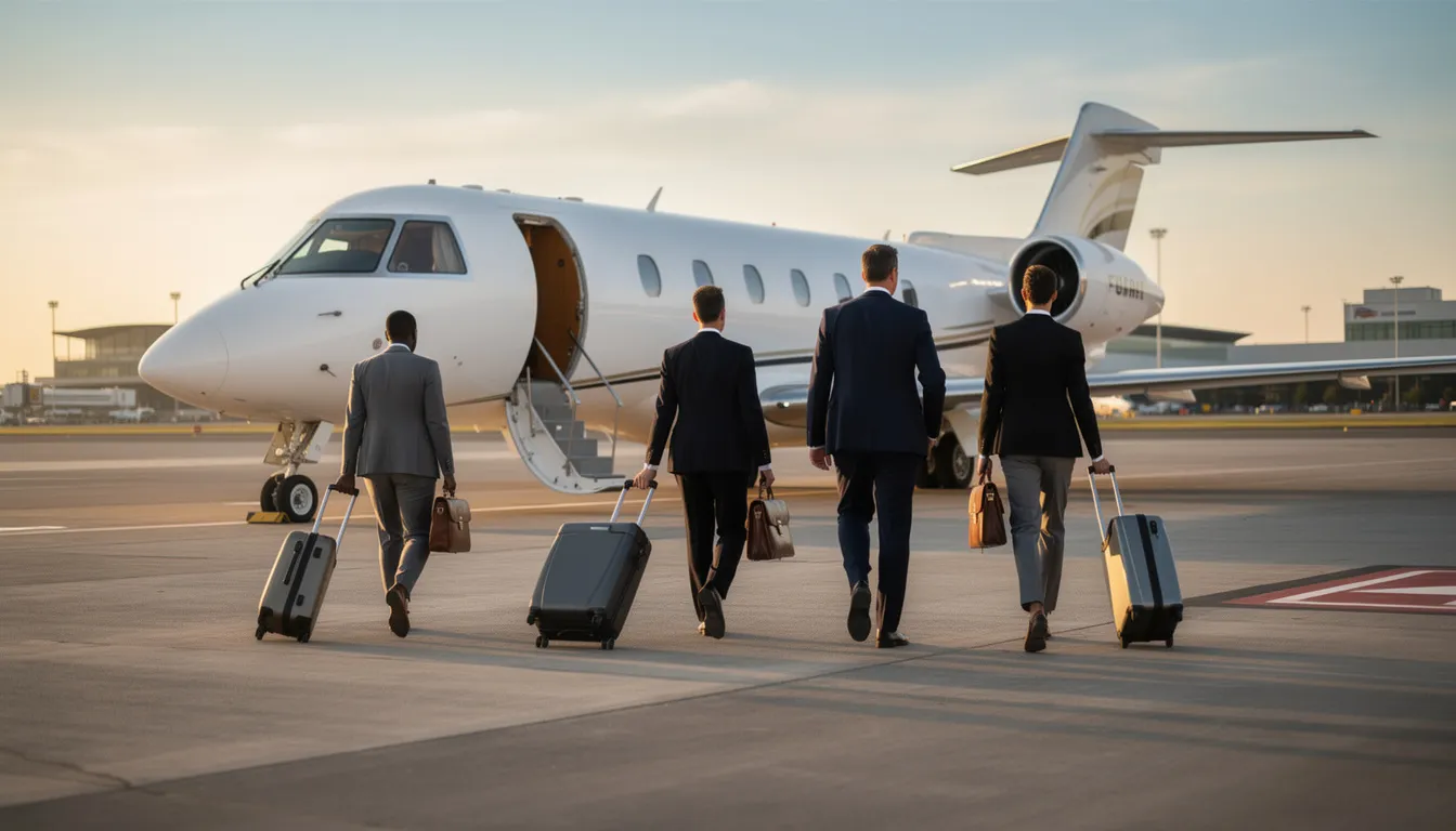 A group of business travelers is walking toward a private aircraft on the airport tarmac, ready to board for their flight. The scene captures the essence of aviation charters, highlighting the convenience and efficiency of jet charters for professionals on the go.