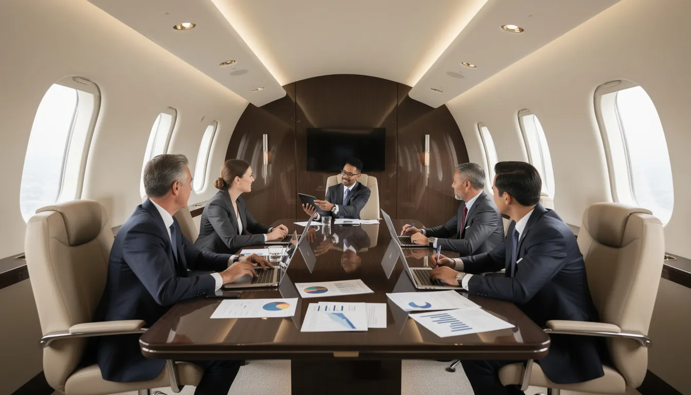 A group of business executives is engaged in a meeting around a large conference table inside a spacious private jet cabin, showcasing the luxury and comfort of aircraft travel. This moment highlights the efficiency and tailored services available to professionals as they discuss important matters while flying to their next destination.