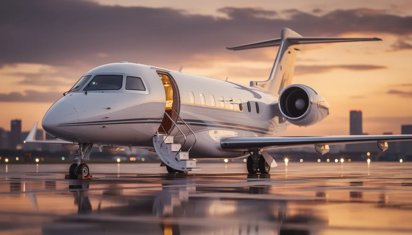 A sleek HondaJet, known for its advanced design and efficiency, is parked on the tarmac, showcasing its elegant lines and modern features. This private jet represents the luxury of fractional ownership and the convenience of business travel.