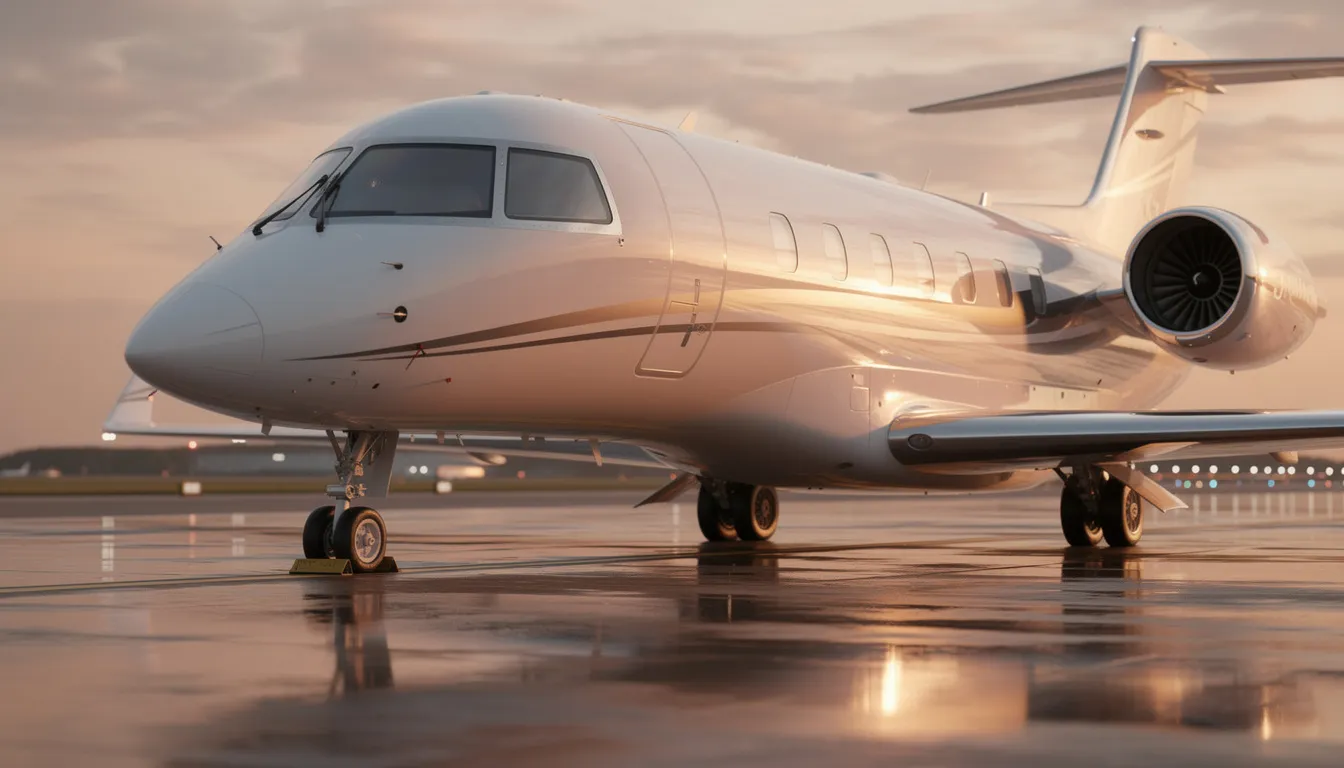 The image features a sleek private jet parked at Lunken Airport, surrounded by lush greenery and the bustling cityscape of downtown Cincinnati in the background. This luxurious aircraft represents the convenience and comfort of private jet charter services, ideal for business or leisure travel.