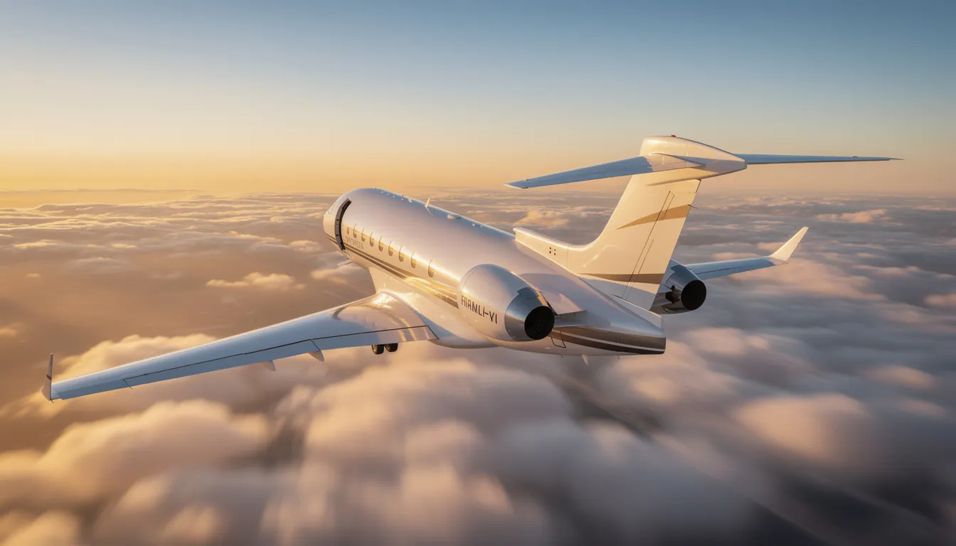 The image features a sleek private jet parked at Lunken Airport, surrounded by lush greenery and the bustling cityscape of downtown Cincinnati in the background. This luxurious aircraft represents the convenience and comfort of private jet charter services, ideal for business or leisure travel.