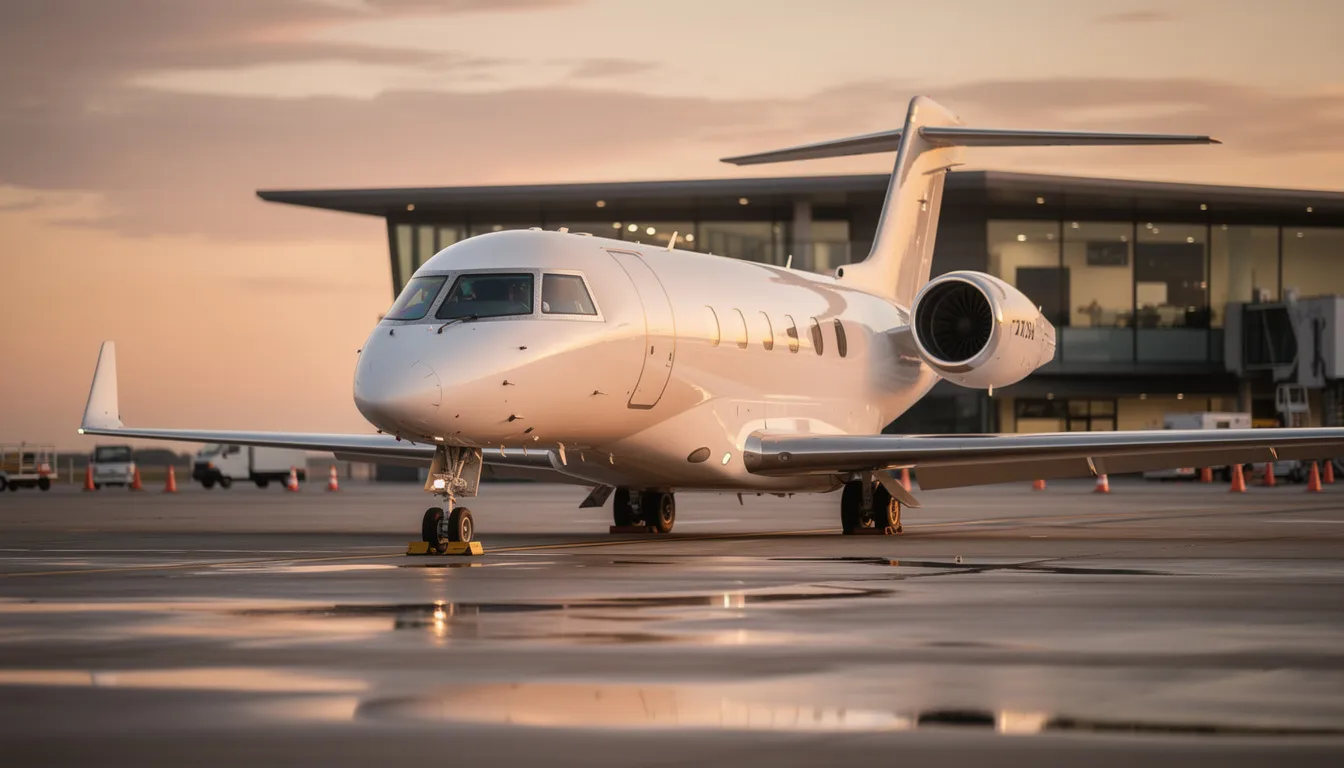 The image depicts a sleek private jet parked on a tarmac, showcasing its modern design and luxurious features, ideal for private jet travelers seeking a comfortable flight experience. This private jet represents the epitome of private aviation, offering exclusive access to personalized itineraries and efficient travel plans.