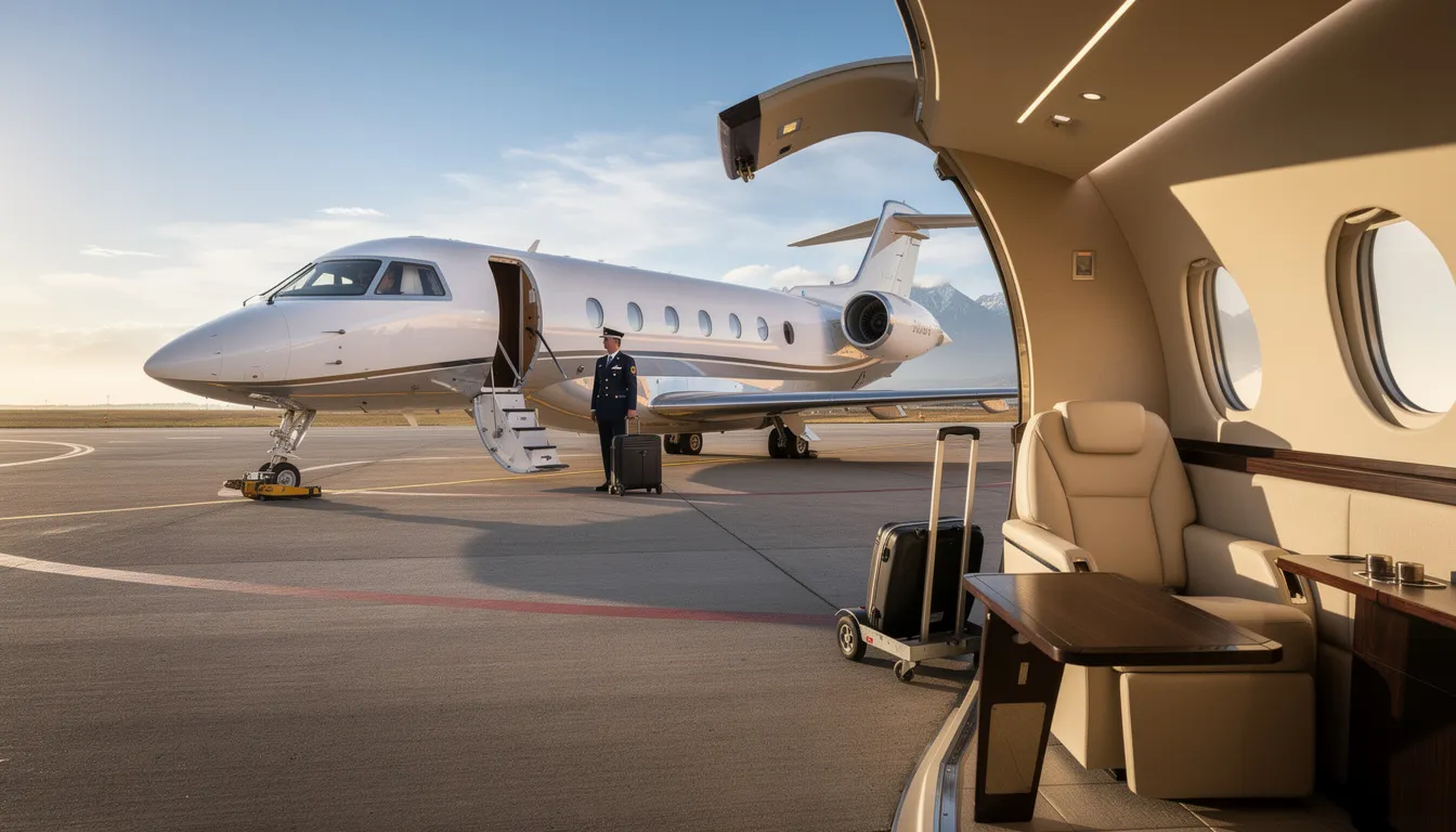 The image depicts a sleek private jet parked at a modern airport terminal, showcasing the luxury and convenience of private aviation. This private jet charter service offers exclusive access to personalized itineraries for both business and leisure travelers.