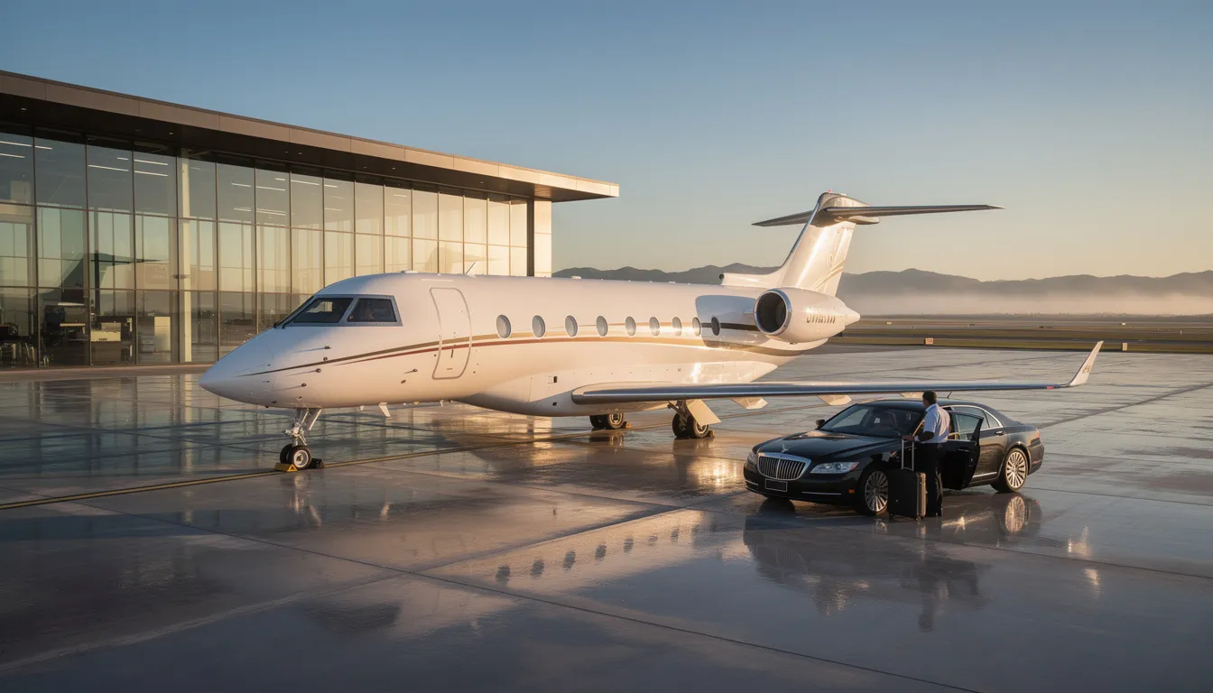 The image depicts a sleek private jet parked at a luxurious private terminal, showcasing the elegance of private aviation. This scene highlights the convenience and exclusivity of private jet travel, emphasizing the comfort and personalized service available to private jet travelers.