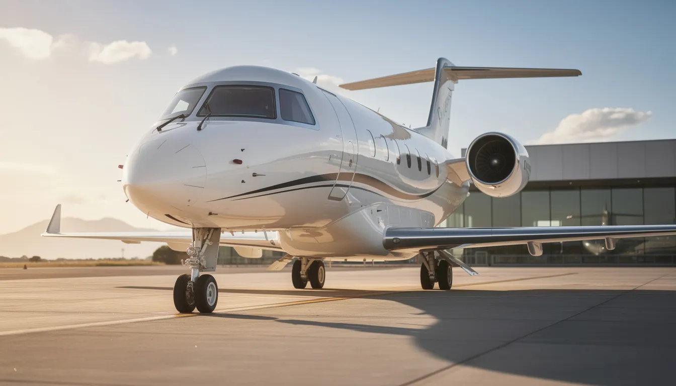 The image features a sleek private jet parked on a tarmac, showcasing its modern design and luxurious features, ideal for private jet travelers seeking personalized itineraries and exceptional service. Surrounding the aircraft are private terminals, emphasizing the exclusive access and convenience of private charter flights.